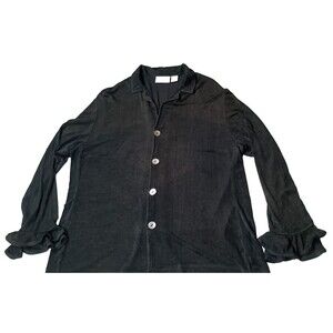 Chicos Travelers Black Blouse Top Button Front Collared Ruffle Cuff Large 12-14